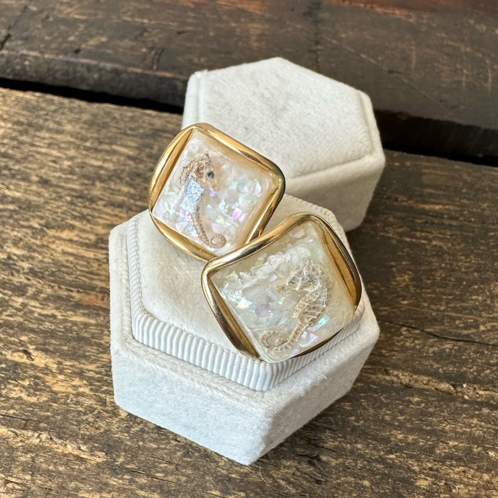 Vintage costume clip-on earrings, taxidermy baby seahorses, unique!